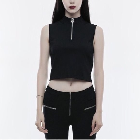 Shinestar Tops - High Neck Crop Top Zipper Front Collar
